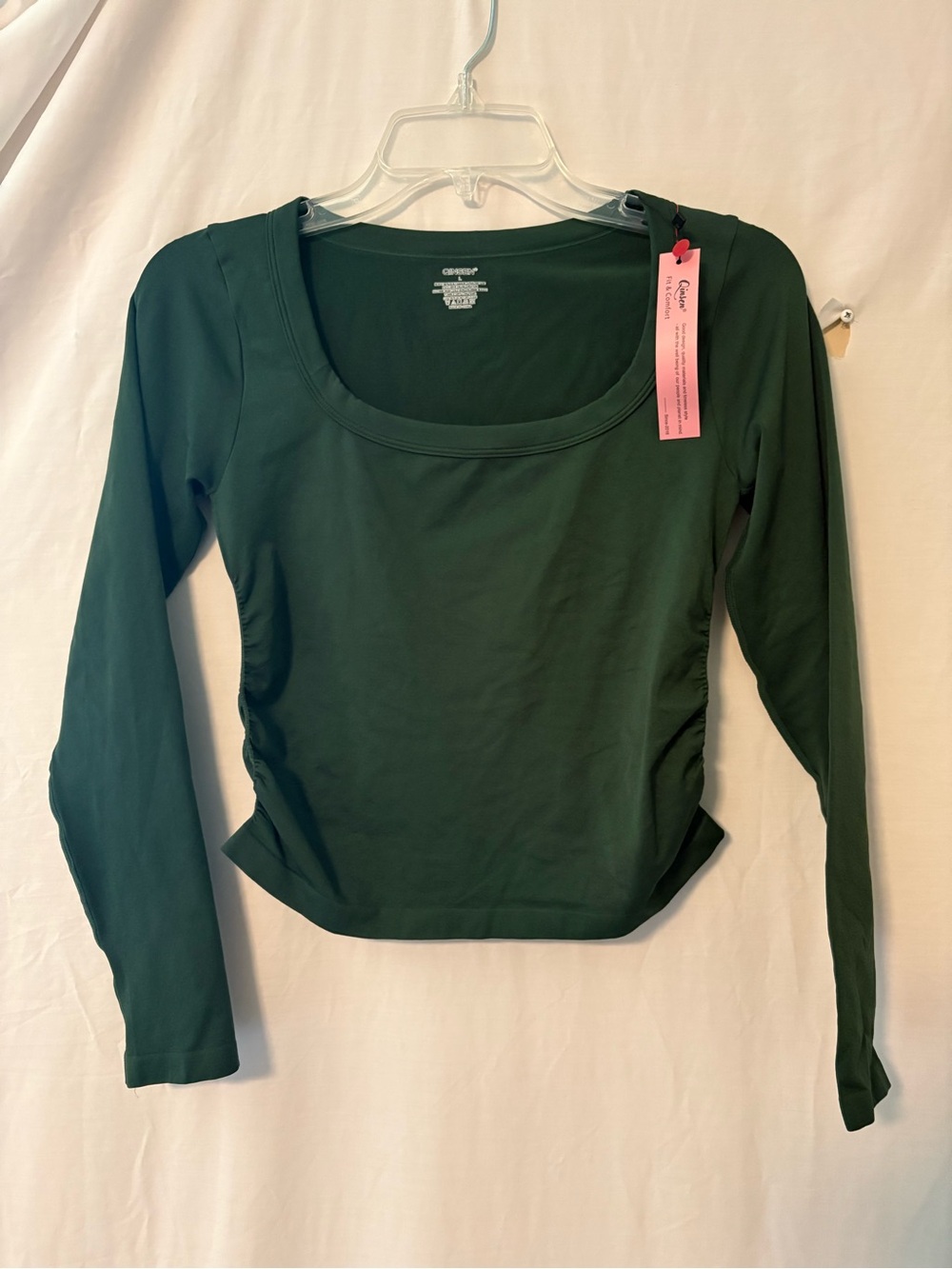 Women’s Long Sleeve Scoop Neck Top with Side Elastic - Dark Green
